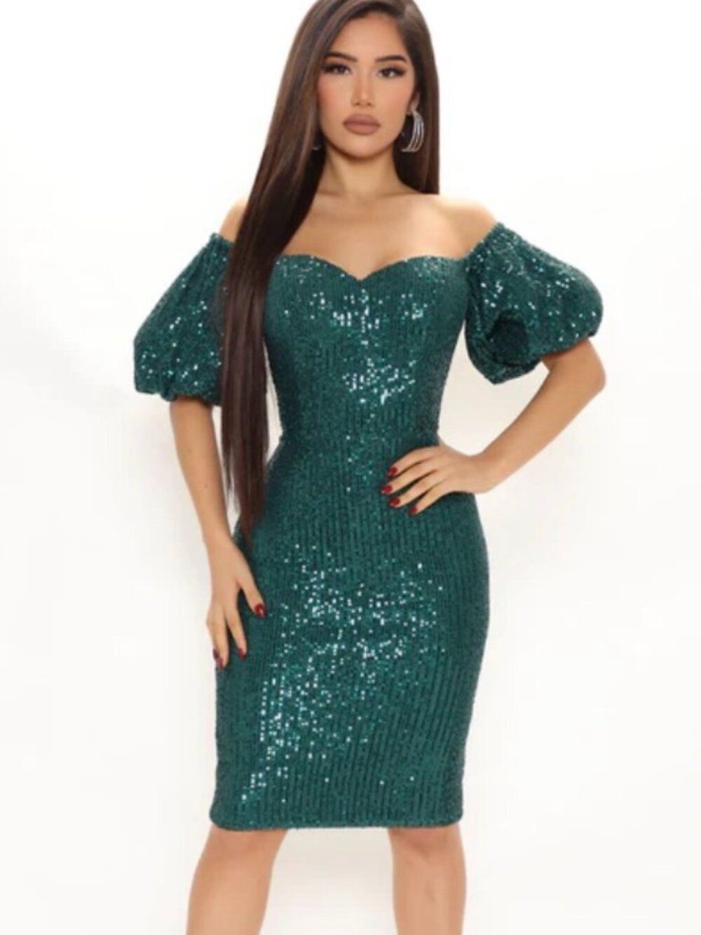 Fashion Nova Emerald Green Sequin Midi Dress Women’s Large Puff Sleeve